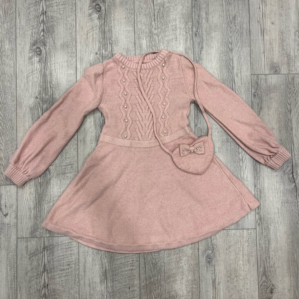 Charming Pink Knit Dress with Heart Purse